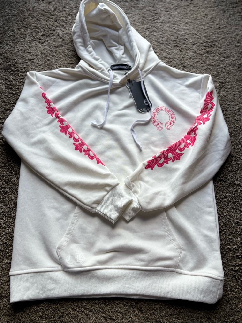 White Hoodie with Pink Sleeve Graphics -Chrome - Picture 2 of 8